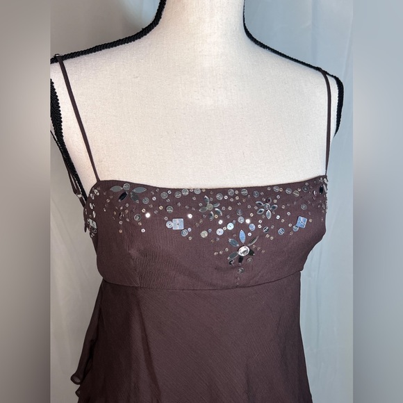 BCBG Max Azria Brown Beaded Silk Flowy Spaghetti Strap Top Size L - Picture 4 of 8